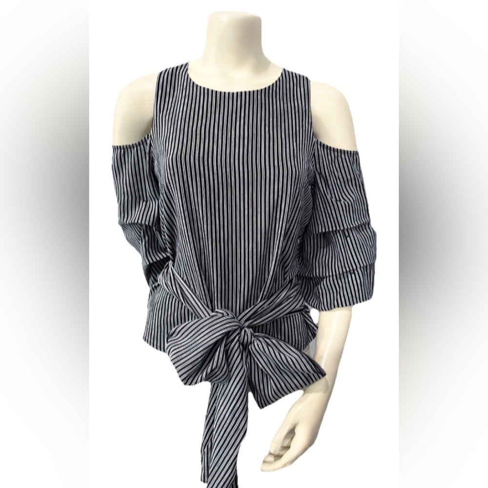 JOA Just One Answer Cold Shoulder Striped Bow Front Blouse Top Women’s Size S